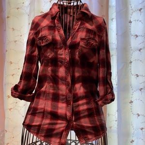 ~Bongo~ Burgundy Plaid 3/4 Length Shirt